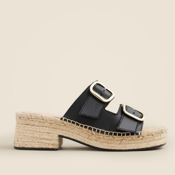 J.Crew Black Leather Two Strap Espadrille Sandals Size 5 - Made in Spain - Picture 1 of 12